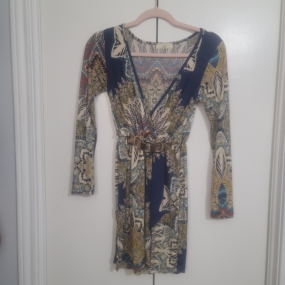 Printed V-Neck Long Sleeve Dress in Multi-Color